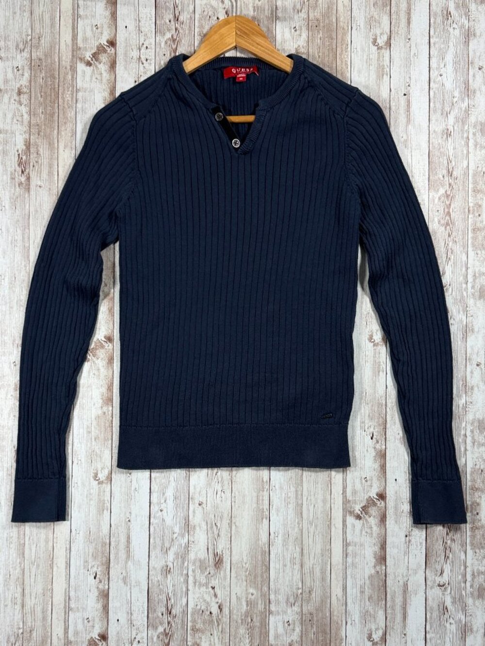 Guess Men's Ribbed Long Sleeve Shirt sz Medium Stretchy Navy Blue Cotton Slim